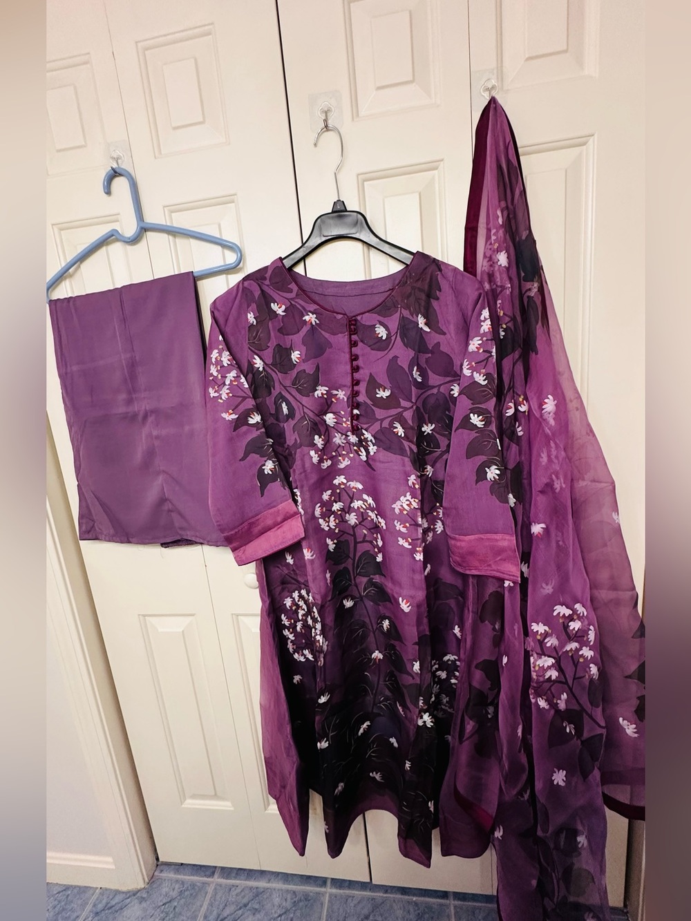 Purple Floral Embroidered Salwar Kameez Set in organza silk fabric size 23”